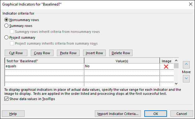 Figure 6: Graphical Indicators dialog - Indicator criteria