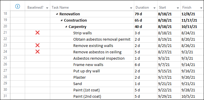 Figure 8: Custom field reveals unbaselined tasks
