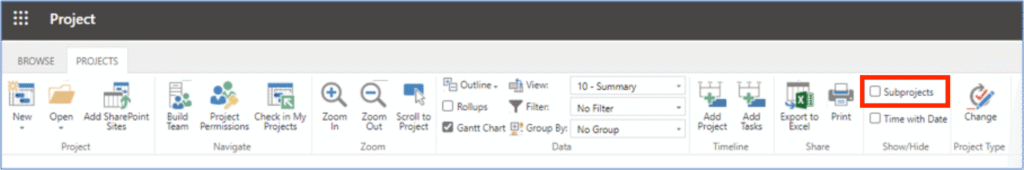 Figure 1: Subprojects must be checked in the Project Center