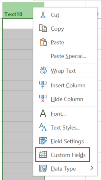 Figure 2: Right click on Text10 Column and select Custom Fields