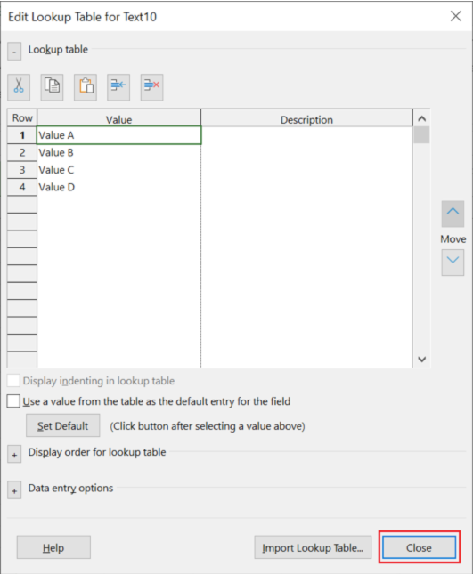 Figure 4: In Lookup Table settings, you can either enter values in each row OR paste values from an Excel or other location. 